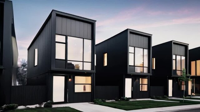 Contemporary modular black townhouses with a private design. Exterior showcasing modern residential architecture, Modern style building created with generative ai	