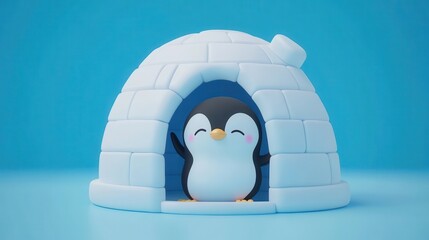 Cute penguin inside a cozy igloo.