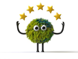 Fluffy, cute monster with five stars, representing top-quality service. 3D rendering, conceptual image. Isolated on white background.