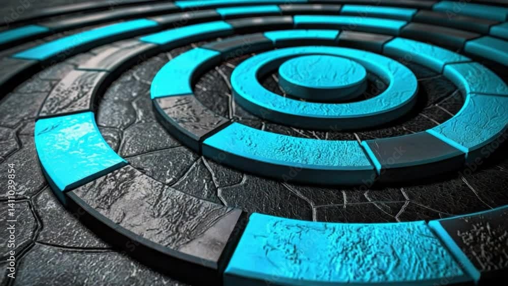 Poster close up view of circular pattern with textured tiles in shades of blue and black, creating striking