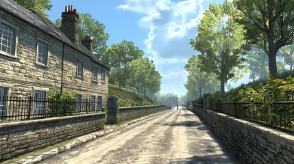 Quaint English Village Street With Stone Houses and Lush Trees