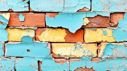 Dilapidated brick wall with peeling paint layers, showcasing aged textures