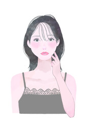 顔に手を当てるポーズの黒髪女性の美容イラスト　スキンケア