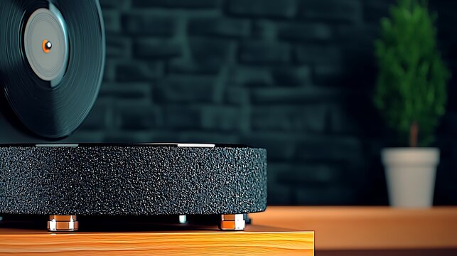Close-up of a modern turntable playing a vinyl record in a stylish interior setting