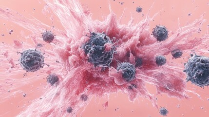 3D rendering of dendritic cells and macrophage cells attacking cancer cell in human body, microscopic view of malignant tumor cells for medical research, oncology, health science, immunotherapy