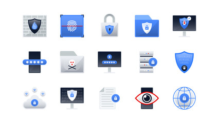 Cybersecurity and Data Protection Icon Set. Firewall, Encryption, 2FA, Secure Server, Malware, Cloud Security, Spyware, Password, Audit. Editable Vector for Web, App, UI, Infographics.