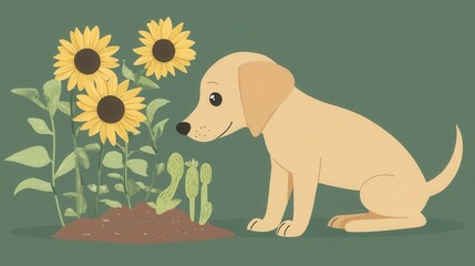 Obraz premium Cute light-yellow dog near sunflowers in the garden.