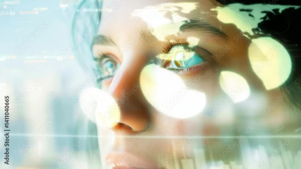 Aufkleber thoughtful womans face reflecting digital data and global connectivity through striking eyes, embrac