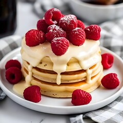 A stack of fluffy golden pancakes dripping with glossy vanilla sauce and are topped with fresh, ripe raspberries and surrounded by more raspberries
