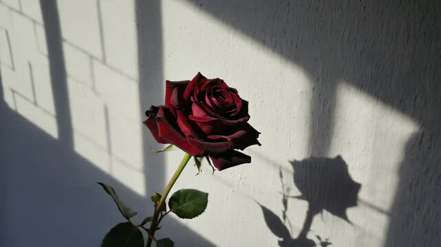 Single dark red rose against a textured wall with light and window shadows