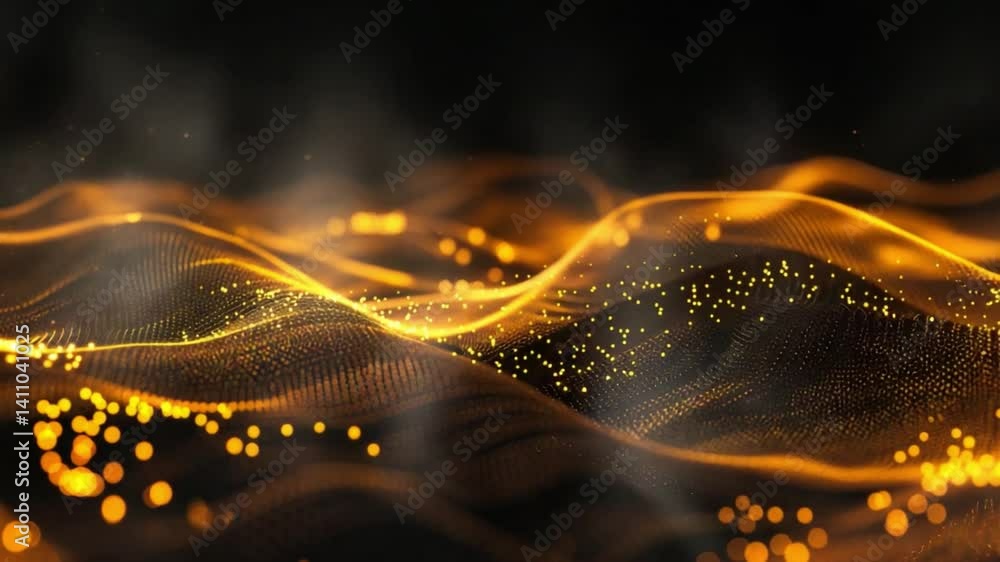 Poster mesmerizing abstract waves of golden light shimmering particles create depth and movement in elegant