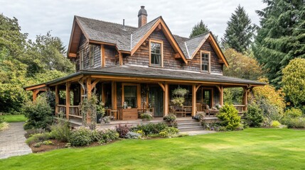 Rustic country exterior with weathered siding, a wrap-around porch, and quaint, charming landscaping.