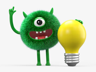Fluffy, cute monster with a lightbulb, symbolizing ideas and innovation. 3D rendering, conceptual image. Isolated on white background.