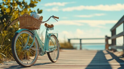 Fototapeta premium A vintage bicycle parked on a boardwalk near the ocean