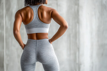 Athletic woman in heather gray leggings and sports bra, standing confidently with hands on hips, showing toned back and glutes. Copy space on the right.