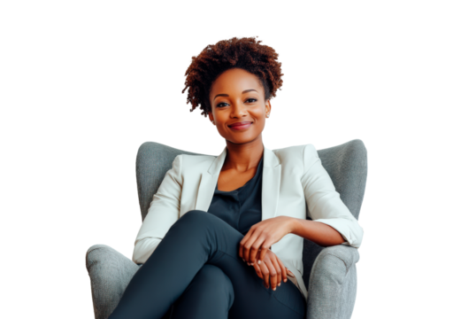 Confident businesswoman sitting in modern chair transparent background