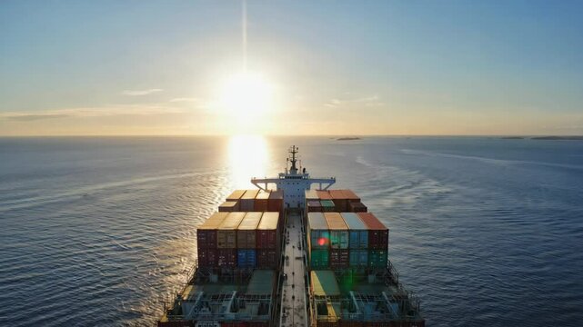 Ocean cargo ship at sea, laden with multicolored shipping containers, sailing toward horizon at dusk.