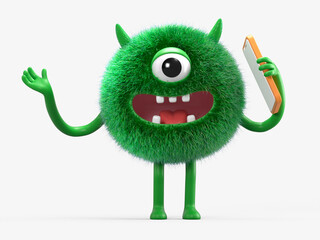 Fluffy, cute monster with a phone, symbolizes tech-savvy assistance. 3D rendering, conceptual image. Isolated on white background.