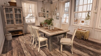 Rustic farmhouse dining room with weathered wood, vintage accents, and a cozy, homey feel.