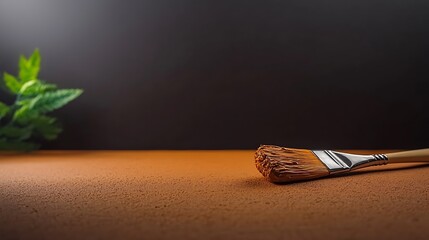 Close-up of a paintbrush resting on a textured surface with green foliage in the background