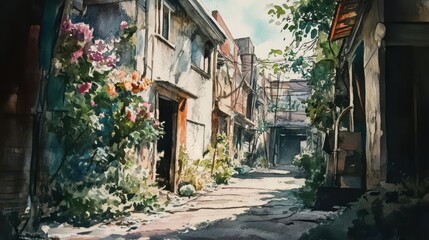 A sun-drenched alleyway, overgrown with vibrant flora.