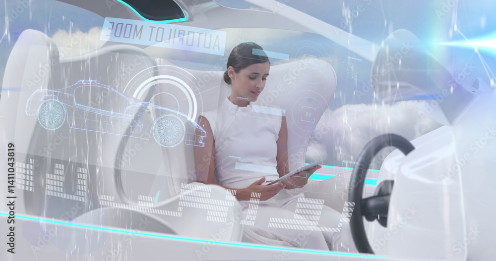 Poster image of data processing over woman using tablet in self drive car