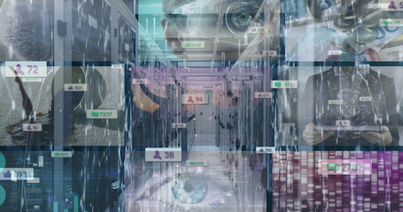 Image of networks of connections and data processing on screens