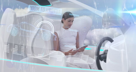 Image of data processing over woman using tablet in self drive car