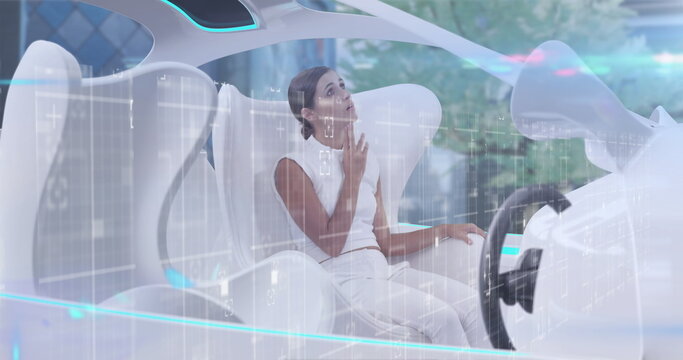 Image of statistics and data processing over woman in self drive car