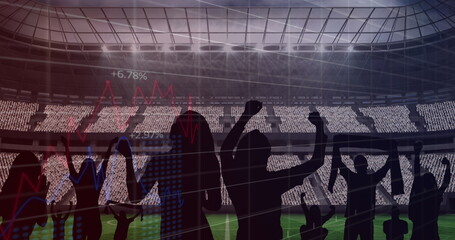 Image of graphs and data processing over cheering fans at sports stadium