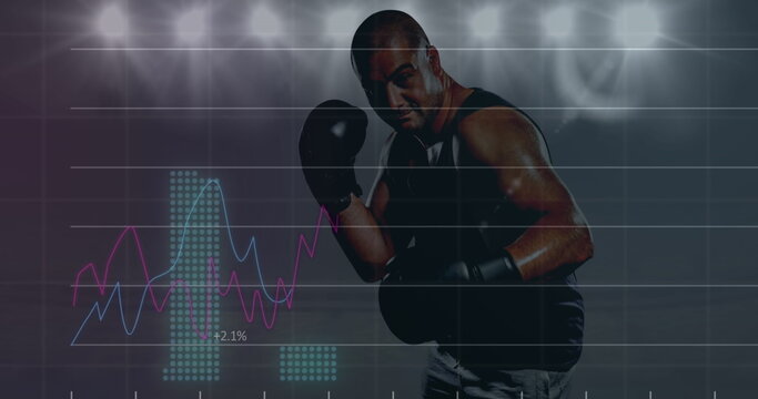 Image of graphs and data processing over male boxer and floodlights - Powered by Adobe