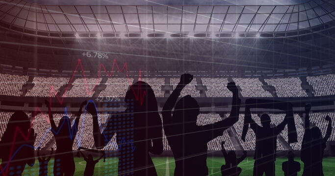 Image of graphs and data processing over cheering fans at sports stadium