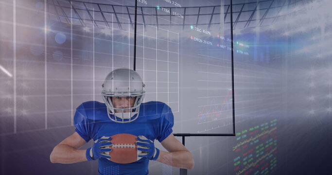 Image of graphs and data processing over american football player at sports stadium