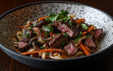 Fototapeta premium Gourmet Bowl with Seared Steak, Noodles, Carrots, and Parsley Garnish Closeup