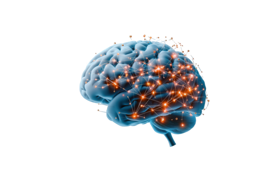 Representation of a human brain with neural connections glowing in a visually striking manner, highlighting the complexity and beauty of human cognition and neural networks in a modern digital context