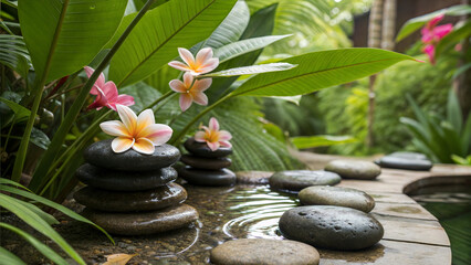 Tranquil Zen Garden Composition With Frangipani Flowers And Stacked Stones In Water