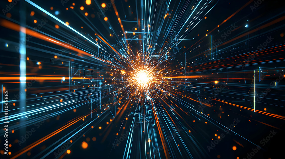 Poster abstract digital tunnel with glowing lines and dots