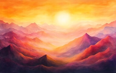Naklejka premium Painted Mountain Range with Warm Sun and Vivid Hues, Oil Painting Style