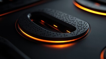 Illuminated modern interface element in dark gray with circular design