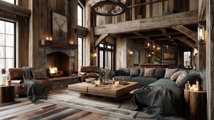 Rustic mountain home interior with warm wood textures, cozy furnishings, and nature-inspired accents.