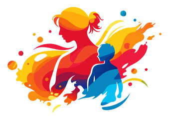 Obraz premium A vibrant and abstract illustration depicts a silhouette of a woman with flowing yellow hair embracing a blue silhouette of a child, surrounded by energetic red, orange, and yellow brushstrokes