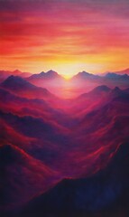 Naklejka premium Scenic Sunset Mountain Landscape with Red Pink Orange Gradient Sky