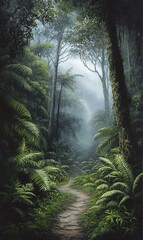 Lush Green Rainforest Trail, Ferns, Palms, Trees, Foggy Light, Serene Tropical Scenery