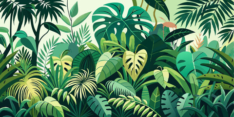 A lush and vibrant illustration depicting a dense tropical jungle with various shades of green foliage, including large leaves and palm trees.