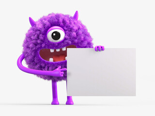 Fluffy, cute monster holds a blank sign, symbolizes information and advertising display. 3D rendering, conceptual image. Isolated on white background.