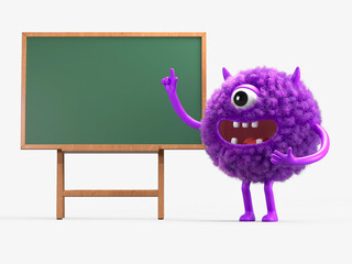 Fluffy, cute monster points to a blank chalkboard, symbolizing education or ideas. 3D rendering, conceptual image. Isolated on white background.