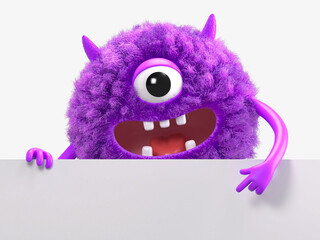 Fluffy, cute monster holds a blank sign, symbolizes information and advertising display. 3D rendering, conceptual image. Isolated on white background.