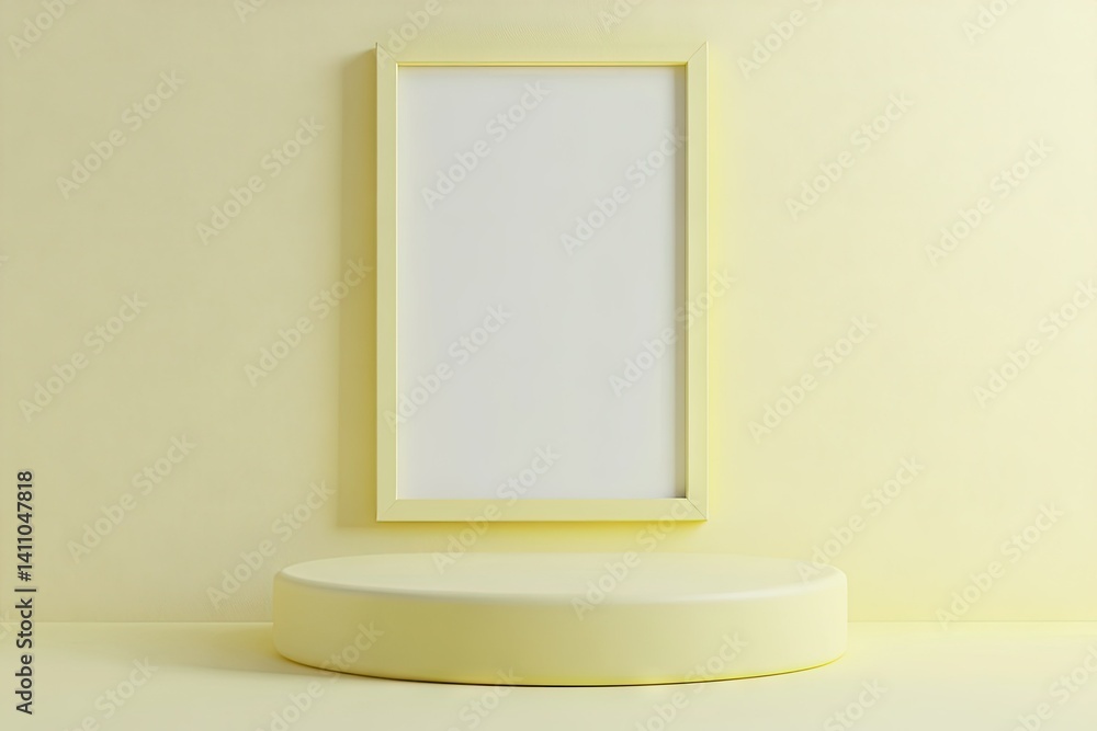 Poster a rustic. empty picture frame mounted on a textured yellow wall. illuminated by sunlight. surrounded