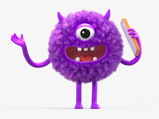 Fluffy, cute monster with a phone, symbolizes tech-savvy assistance. 3D rendering, conceptual image. Isolated on white background.