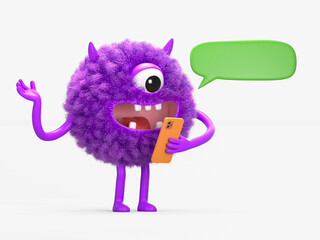 Fluffy, cute monster with phone and speech bubble, symbolizes customer service. 3D rendering, conceptual image. Isolated on white background.